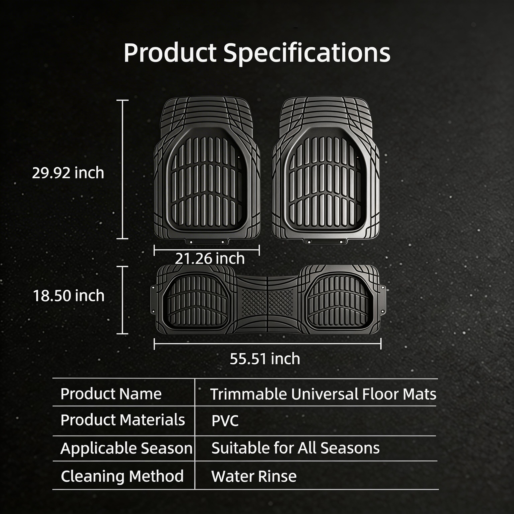 Universal car mats product specifications chart displaying dimensions, materials, and key features