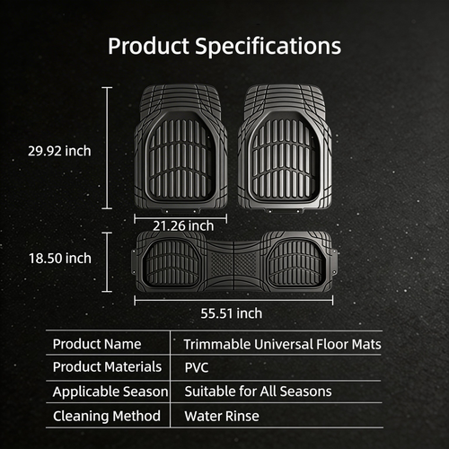 Universal car mats product specifications chart displaying dimensions, materials, and key features