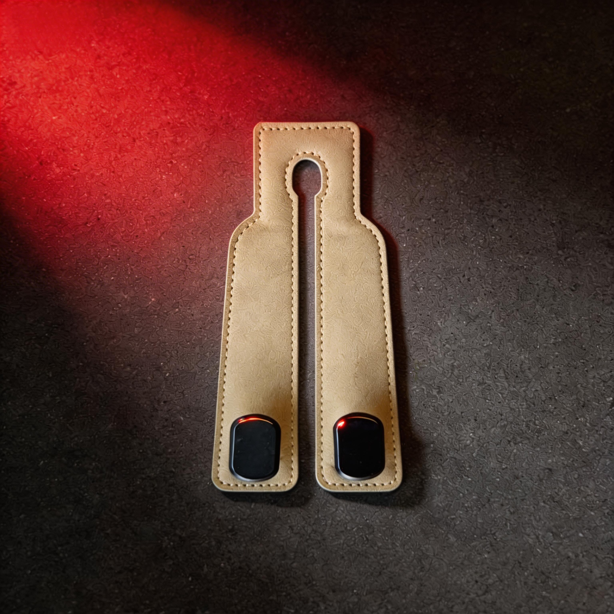 Cream white faux leather car headrest hook with black accents on a dark textured surface
